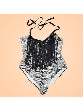Joe Boxer NWT Fringe One Piece Swimsuit Geometric Black White Halter 2X
